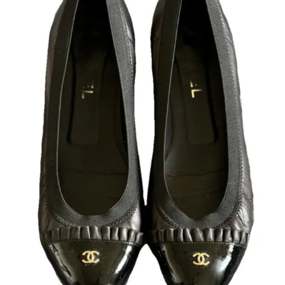 Chanel Black Patent Cap Toe Ballet Flats Size 36 (US 6) Classic CC Logo - Picture 2 of 6